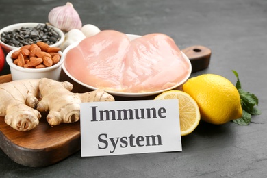 Photo of Card with phrase Immune System and fresh products on dark grey background