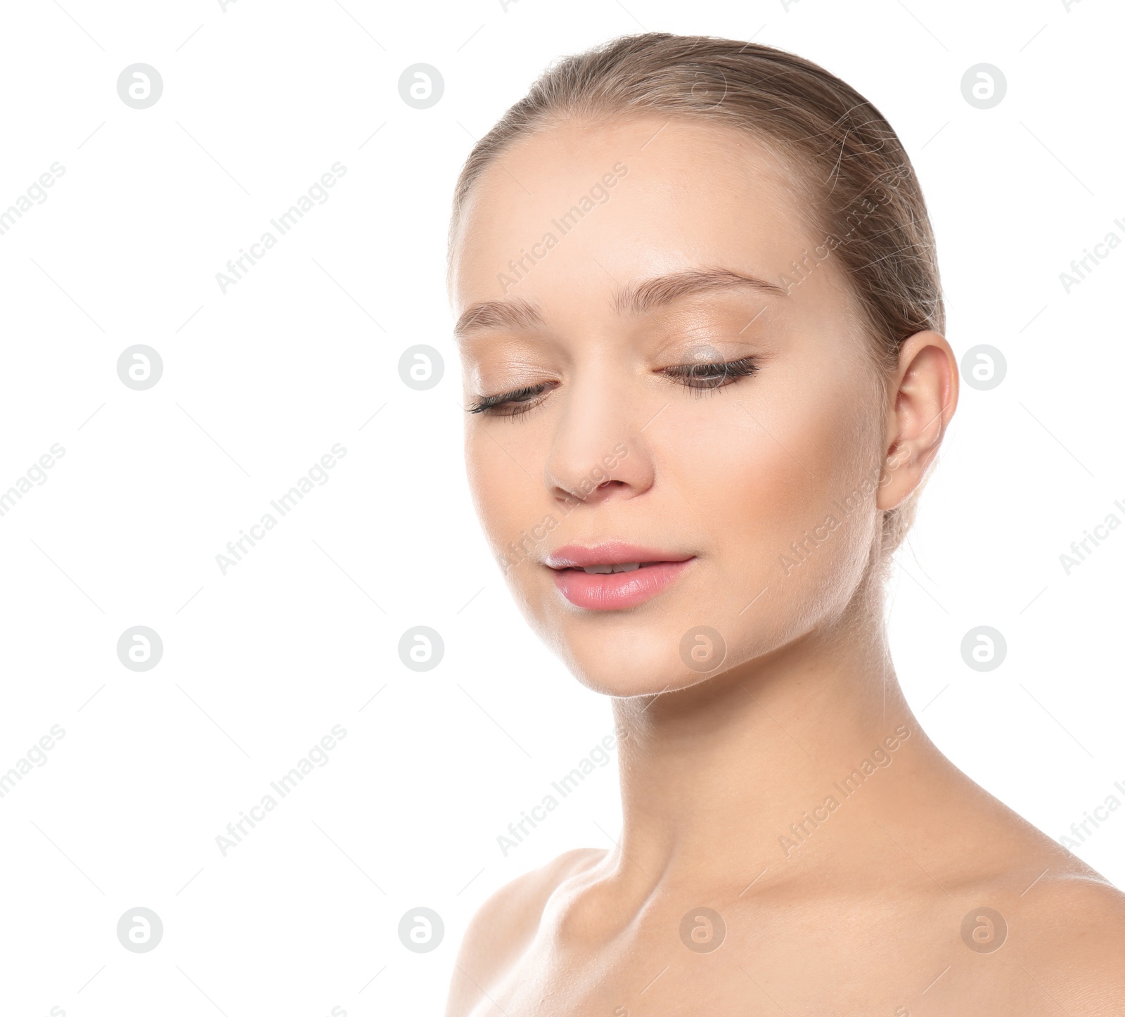 Photo of Portrait of beautiful young woman on white background. Lips contouring, skin care and cosmetic surgery concept