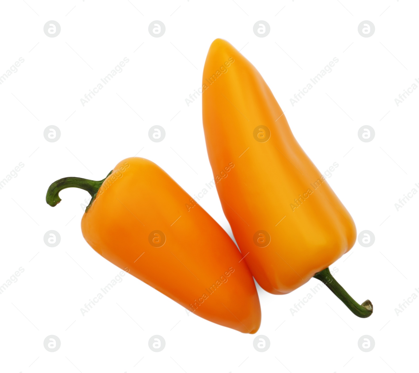 Photo of Fresh raw orange hot chili peppers on white background, top view. Space for text