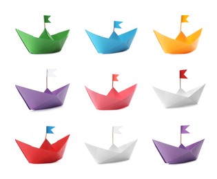 Image of Set with multicolor paper boats on white background 