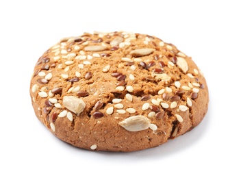 Photo of Grain cereal cookie on white background. Healthy snack