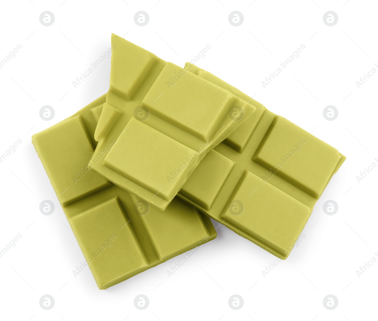 Photo of Pieces of tasty matcha chocolate bar isolated on white, top view