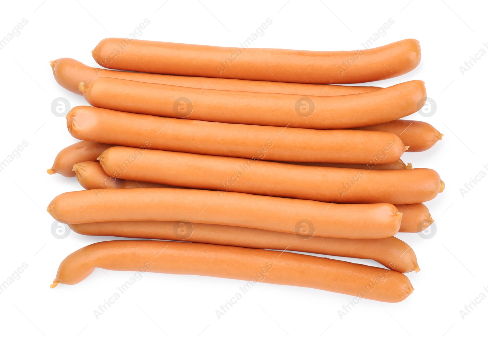 Photo of Fresh raw sausages isolated on white, top view. Meat product