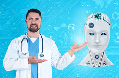 Mature doctor demonstrating digital model of artificial intelligence on blue background. Machine learning concept