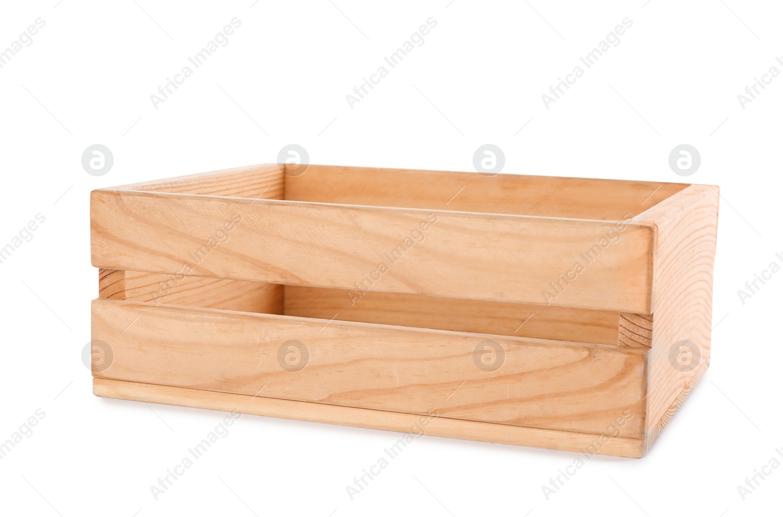 Photo of New empty wooden crate isolated on white