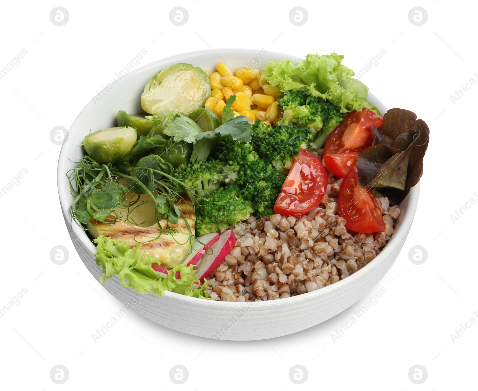 Photo of Healthy meal. Tasty vegetables and buckwheat in bowl isolated on white