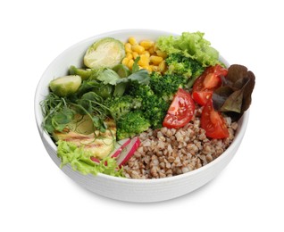 Photo of Healthy meal. Tasty vegetables and buckwheat in bowl isolated on white