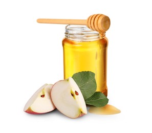 Image of Honey in glass jar, cut apple and dipper isolated on white