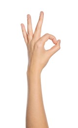 Photo of Woman showing okay gesture on white background, closeup of hand