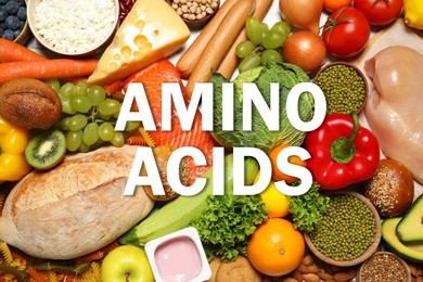 Image of Different organic products, top view. Sources of essential amino acids