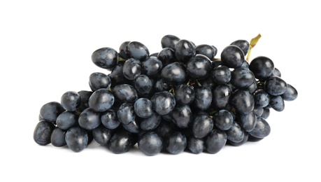 Bunch of fresh ripe juicy dark blue grapes isolated on white