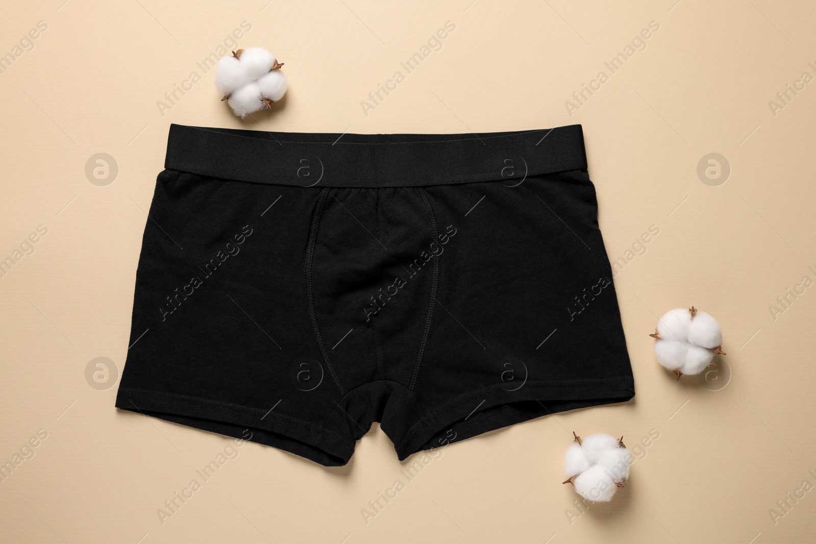 Photo of Comfortable black men's underwear and cotton flowers on beige background, flat lay