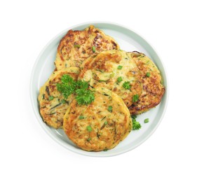 Photo of Delicious zucchini fritters with curly parsley on white background, top view