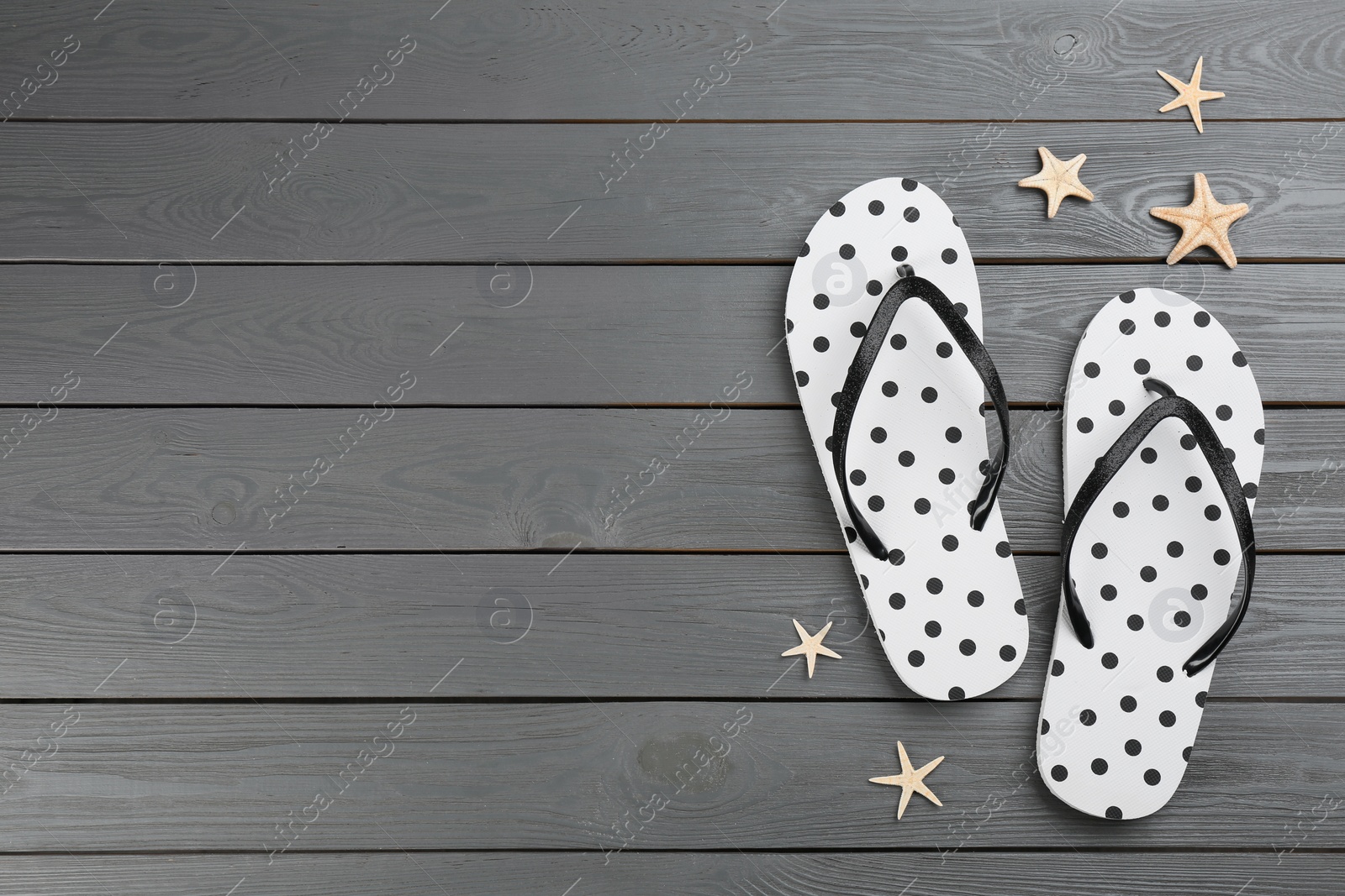 Photo of Stylish flip flops and starfishes on grey wooden background, flat lay. Space for text