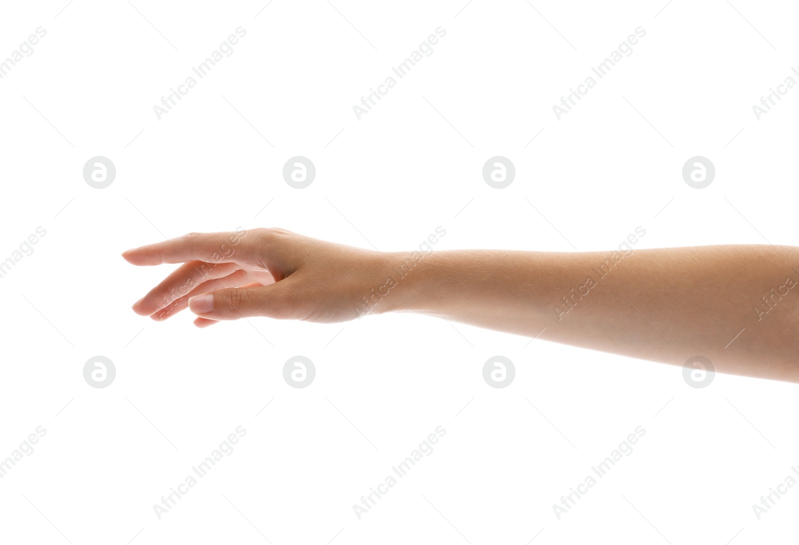 Photo of Young woman holding her hand on white background, closeup