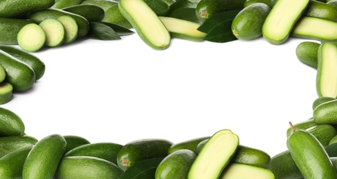 Image of Frame made of fresh seedless avocados on white background