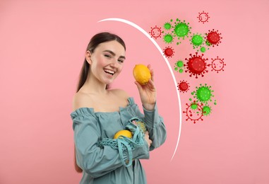 Image of Happy woman with lemons on pink background. Healthy diet - strong immunity
