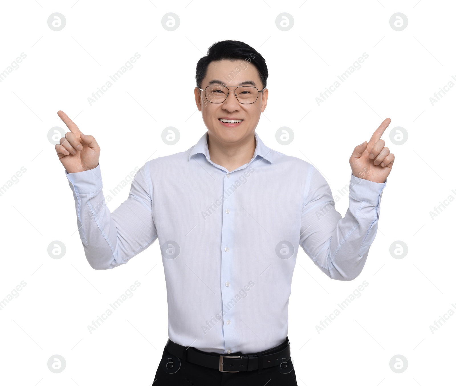 Photo of Businessman in formal clothes posing on white background