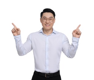 Photo of Businessman in formal clothes posing on white background