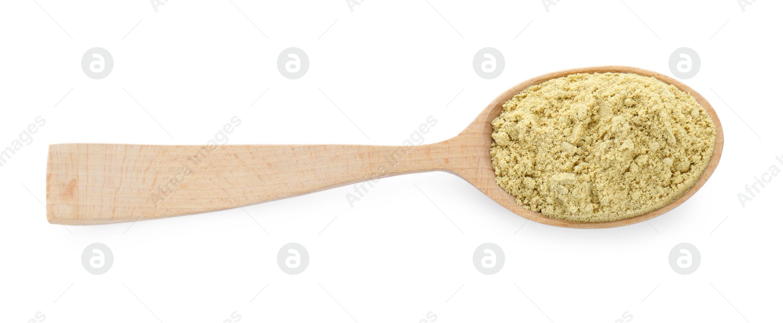 Photo of Wooden spoon with aromatic mustard powder on white background, top view