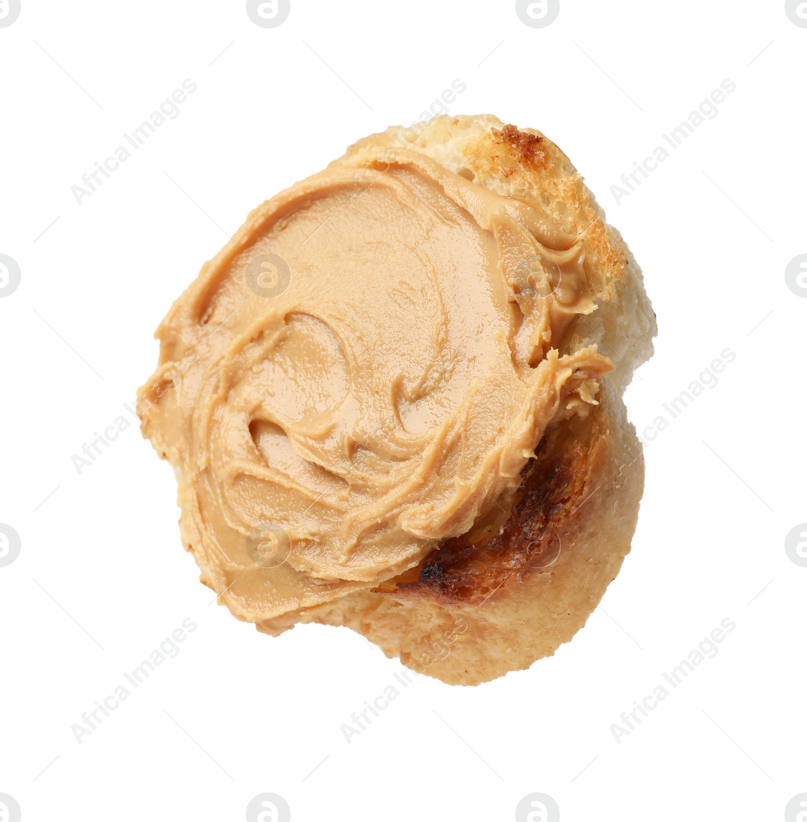 Photo of Piece of toasted bread with peanut butter isolated on white