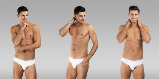 Image of Collage of man in underwear on grey background