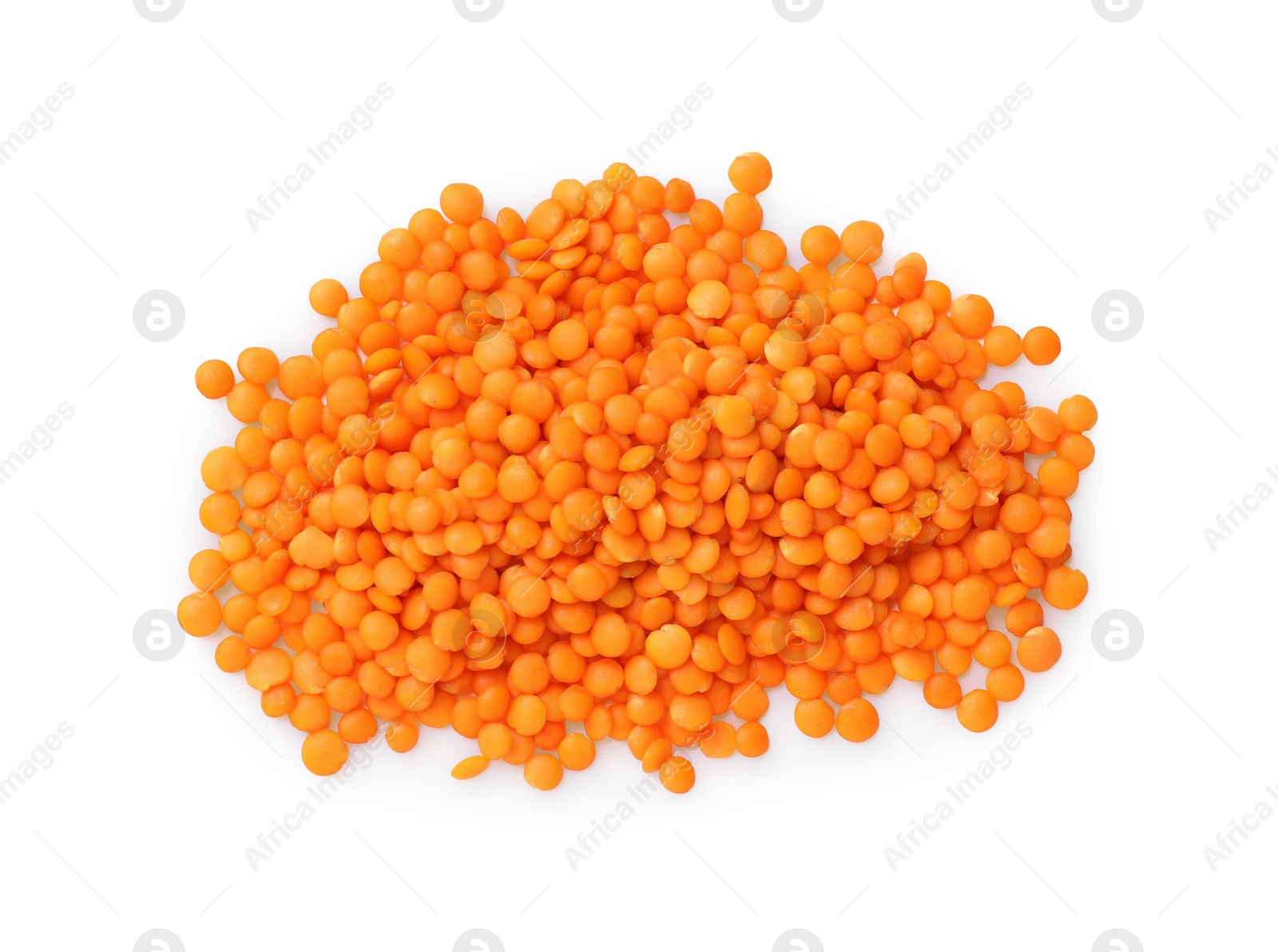 Photo of Pile of raw red lentils isolated on white, top view