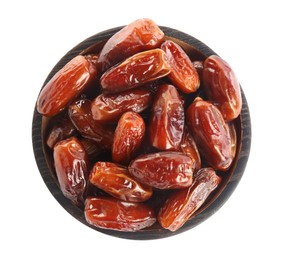 Tasty sweet dried dates in wooden bowl on white background, top view