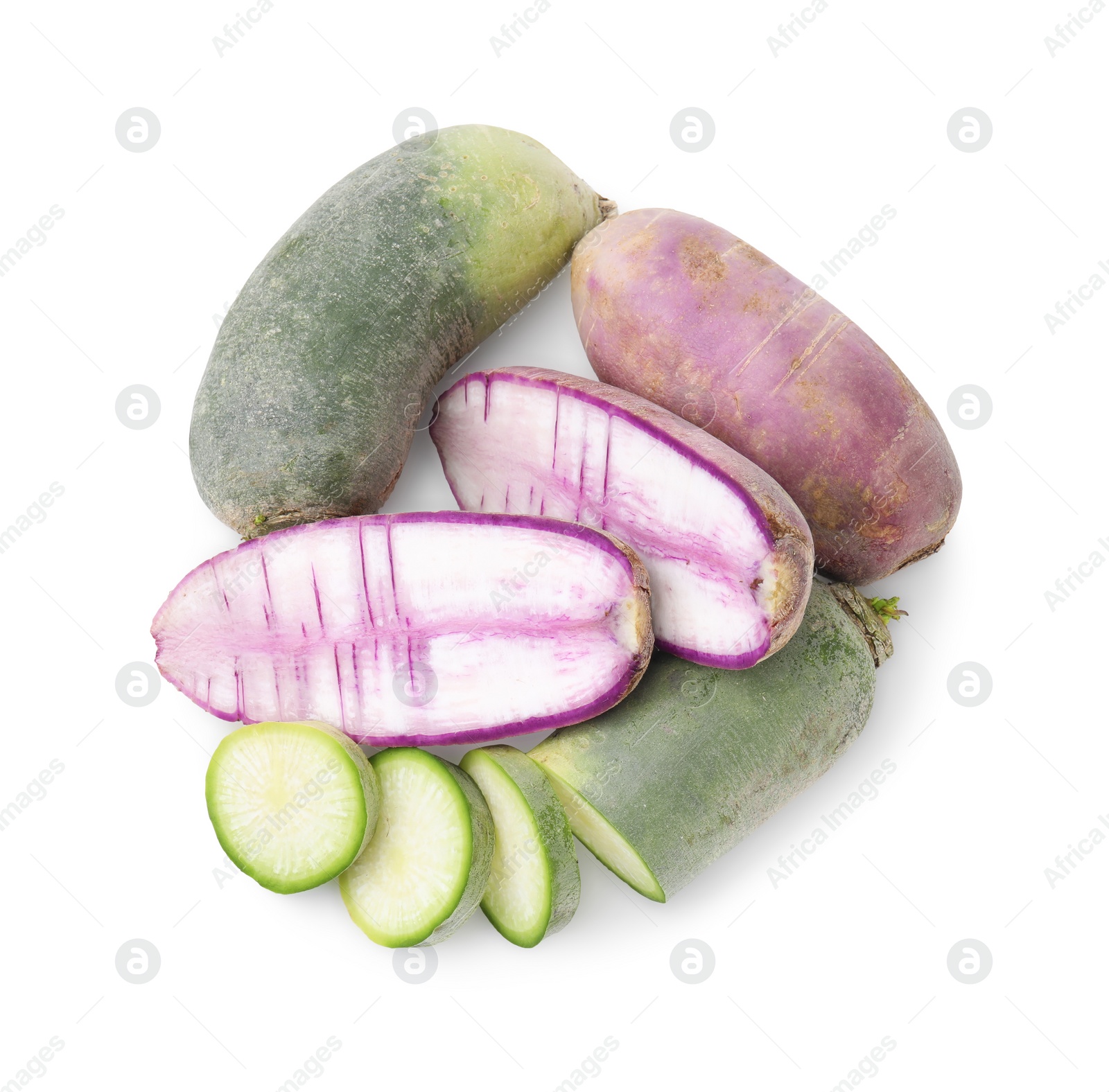 Photo of Purple and green daikon radishes isolated on white, top view