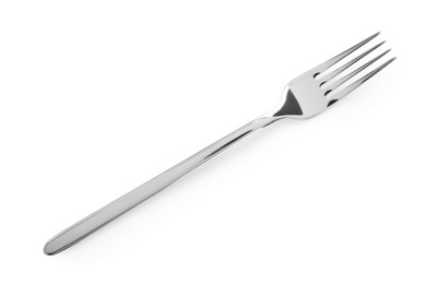 Photo of One shiny metal fork isolated on white, top view