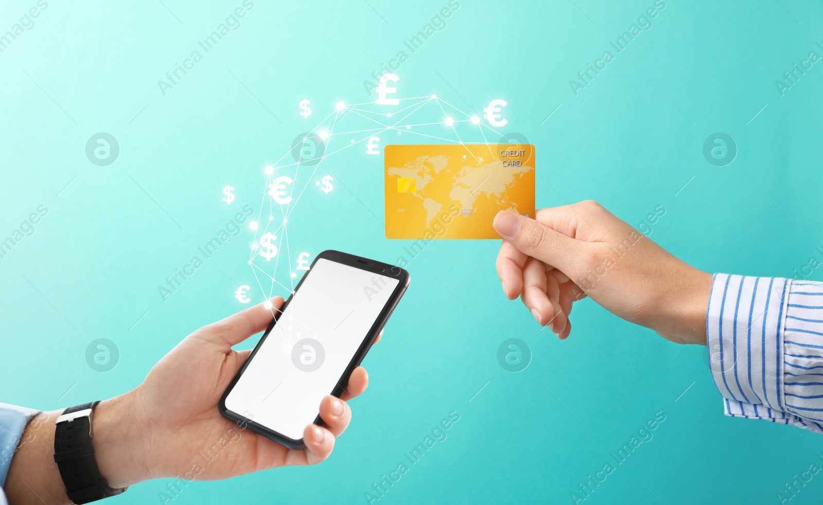 Image of Fintech concept. Man using phone to make financial transactions with credit card