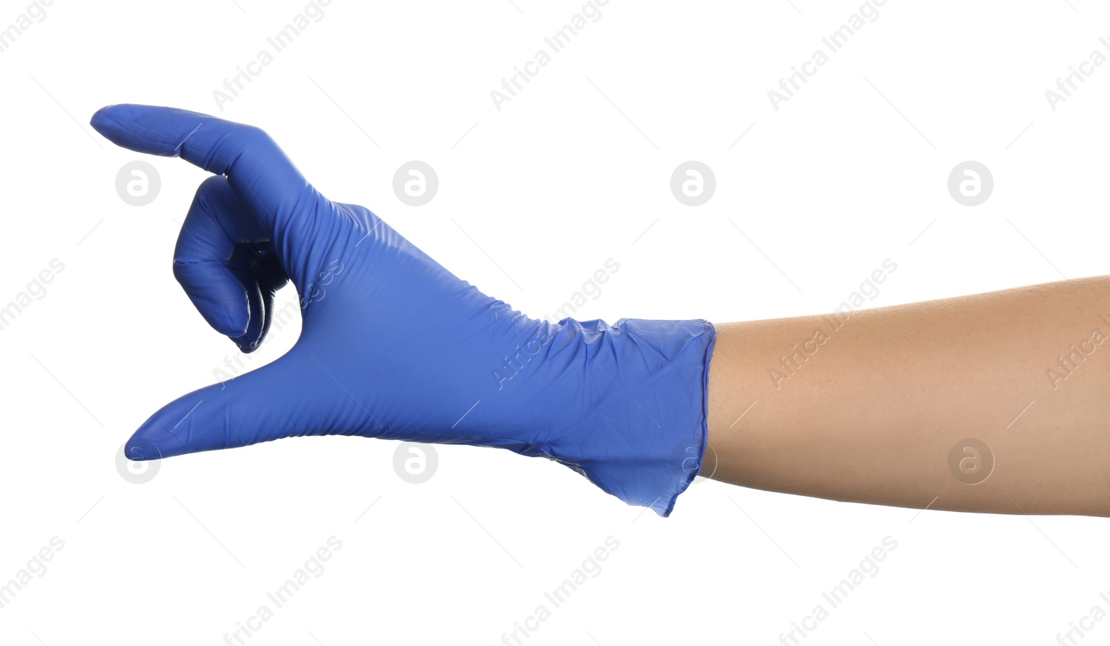 Photo of Woman in blue latex gloves holding something on white background, closeup of hand