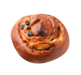 One delicious roll with raisins isolated on white. Sweet bun