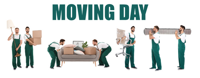 Image of Collage with photos of workers carrying furniture on white background, banner design. Moving service