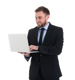 Photo of Happy young businessman using laptop on white background