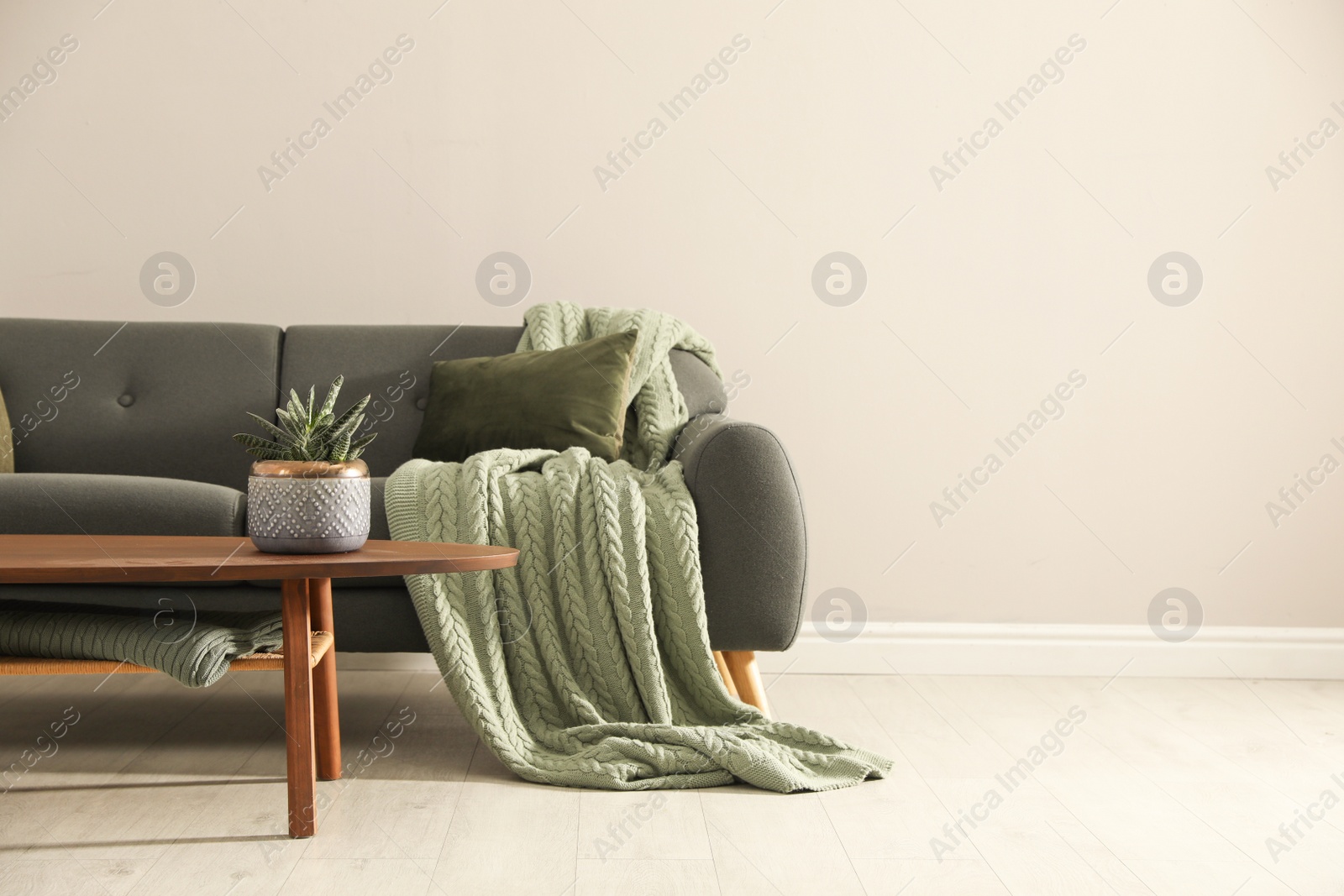 Photo of Stylish comfortable sofa in room, space for text. Interior design