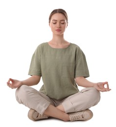 Photo of Beautiful young woman meditating on white background