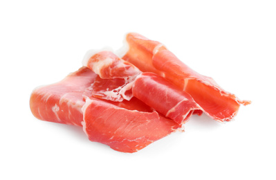 Slices of tasty prosciutto on white background