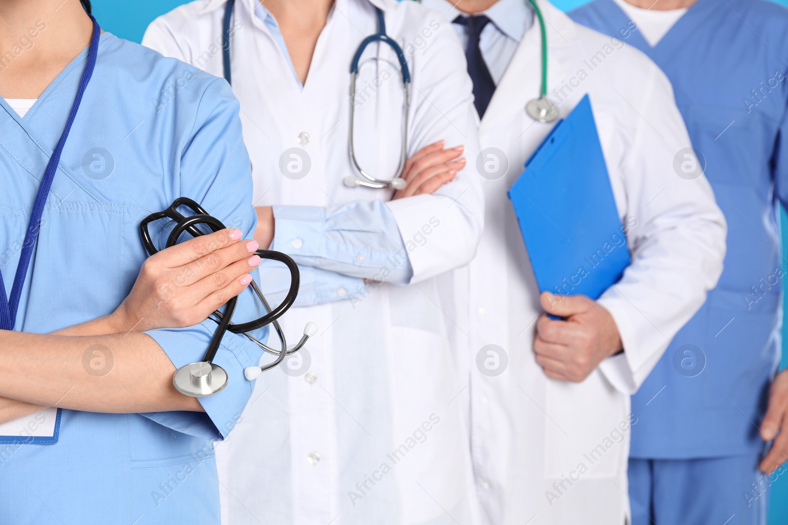 Photo of Group of doctors, closeup view. Medical service