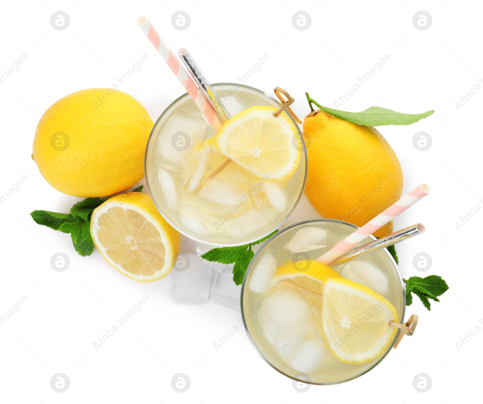 Photo of Natural lemonade, mint and fresh fruits on white background, top view. Summer refreshing drink