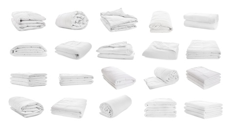 Set of clean blankets isolated on white