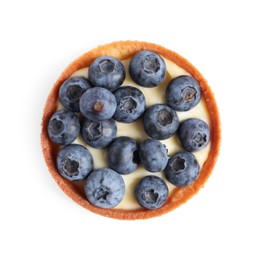 Photo of Tartlet with fresh blueberries isolated on white, top view. Delicious dessert