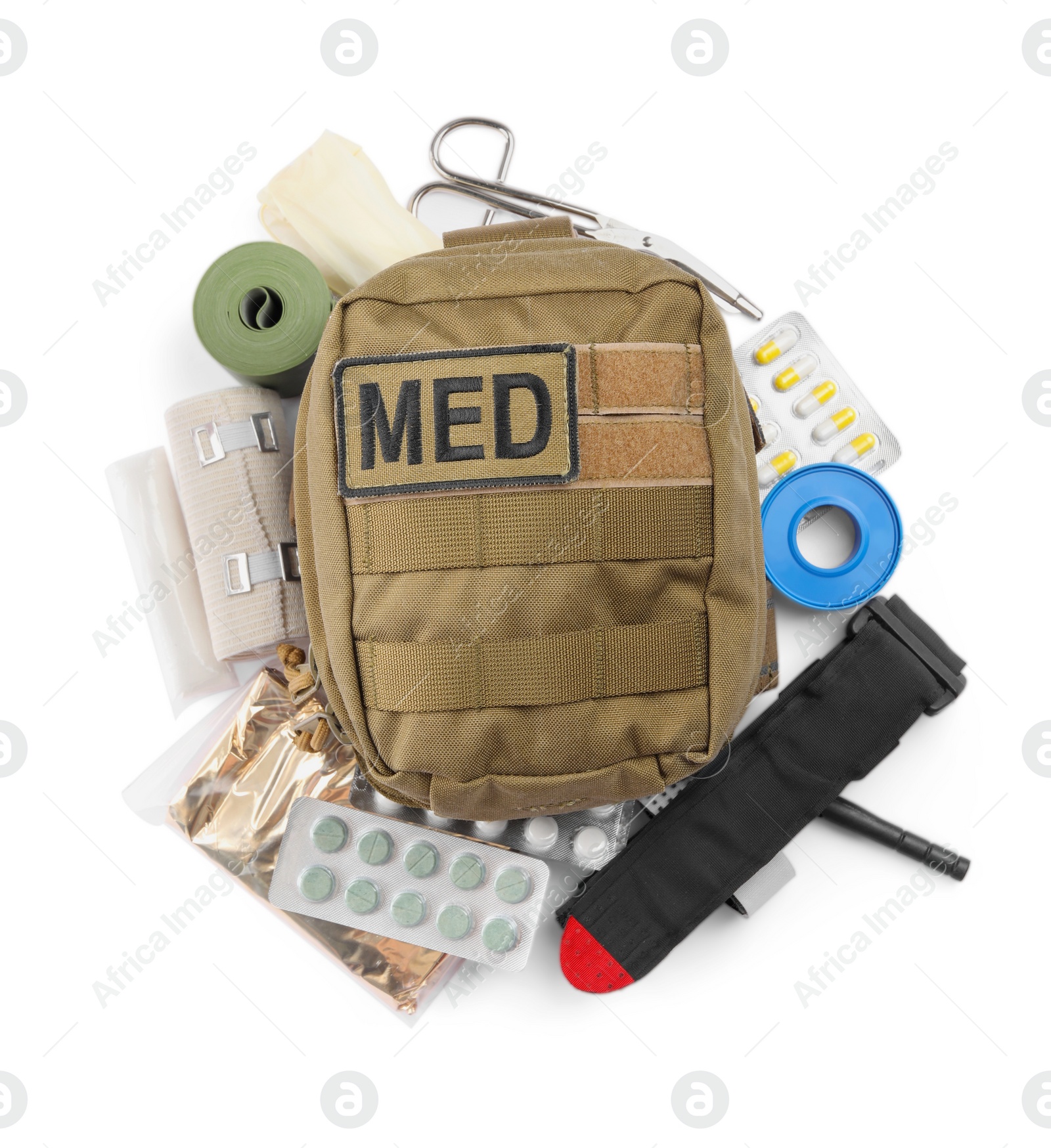 Photo of Military first aid kit on white background, top view