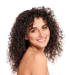 Photo of Beautiful young woman with long curly hair on white background