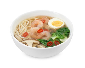 Photo of Tasty ramen with shrimps in bowl isolated on white