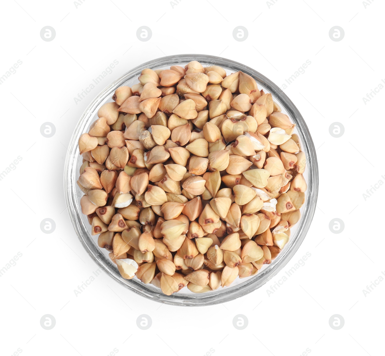 Photo of Green buckwheat in bowl isolated on white, top view