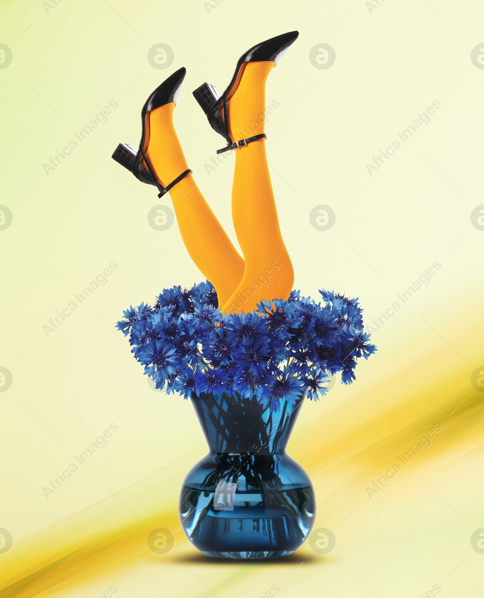 Creative art collage about femininity, style and fashion. Woman sticking out of vase with beautiful blue cornflowers on bright background Image of Creative art collage about femininity, style and fashion. Woman sticking out of vase with beautiful blue cornflowers on bright background