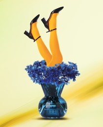 Image of Creative art collage about femininity, style and fashion. Woman sticking out of vase with beautiful blue cornflowers on bright background