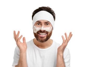 Photo of Man with headband washing his face on white background