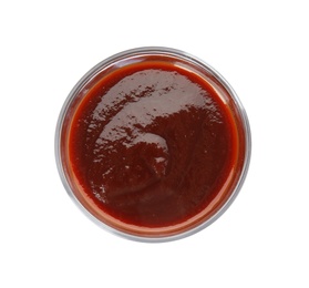 Photo of Glass bowl of barbecue sauce on white background, top view